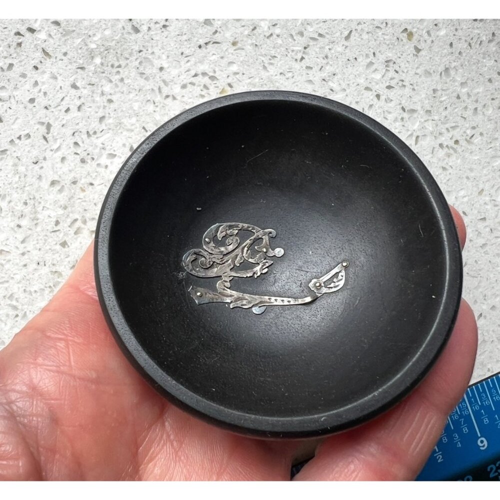 Black Bakelite Isolite Trinket Dish W/ Ornate Silver Initial R Overlay Vintage